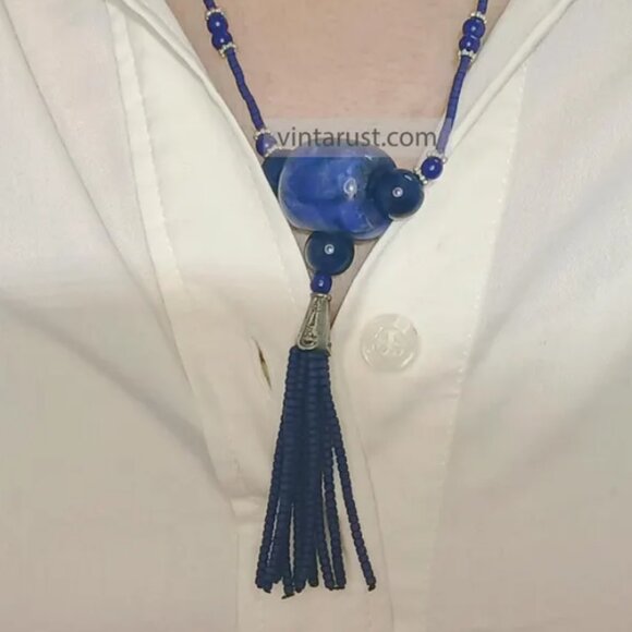 Handmade Lapis Lazuli Beaded Necklace: Boho Tassel Statement Jewelry - Picture 3 of 5